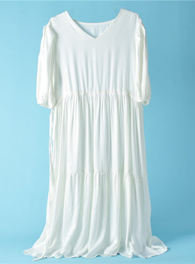 410福利法式高级感连衣裙70722系带收腰遮腹显瘦夏宽松短袖长裙子