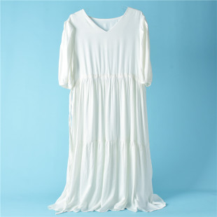 410福利法式 长裙子 高级感连衣裙70722系带收腰遮腹显瘦夏宽松短袖