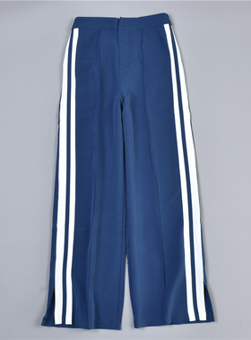 328品质好货复古高腰侧条边纹阔腿裤女77414垂感显瘦腿长开叉长裤