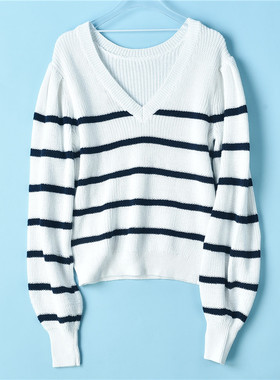 外贸条纹针织衫女123L72467宽松V领春秋冬文艺泡泡袖百搭显瘦毛衣
