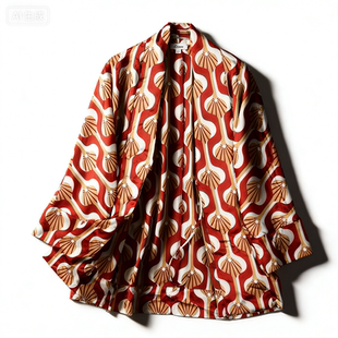 复古异域印花长袖 系带睡衣女3.10L85898丝滑缎面可外穿家居服上装