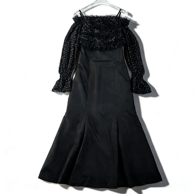 日单一字肩吊带鱼尾连衣裙女86150雪纺网纱高腰A字气质荷叶边长裙