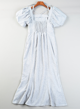 日单浅灰方领泡泡袖鱼尾连衣裙女L85835春夏法式复古风优雅长裙子