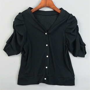 日单褶皱泡泡袖 甜美短上衣 针织T恤女12.9L84443温柔软妹风春夏季