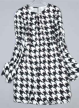 928复古黑白千鸟格纹连衣裙78368春夏修身圆领高腰小个子长袖裙子