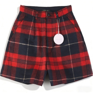 日单高货复古格纹羊毛混纺短裤 女H85892秋冬高腰显瘦A字休闲靴裤