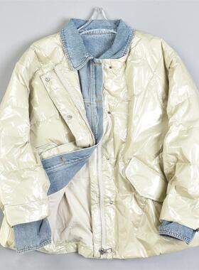 310高端牛仔拼接假两件亮面羽绒服女81375高端设计90白鸭绒短外套