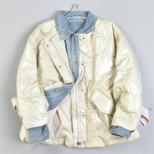 310高端牛仔拼接假两件亮面羽绒服女81375高端设计90白鸭绒短外套