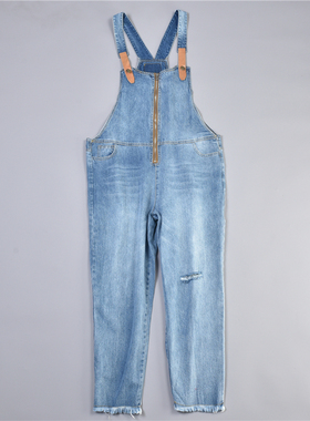 韩版牛仔背带裤女1216L77189春秋水洗纯棉破洞毛边潮流连体九分裤