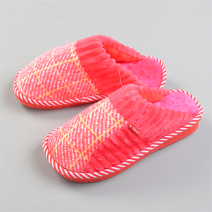 拼色格加绒棉拖鞋女11.4L82550保暖毛窝防滑静音底居家地板拖鞋子