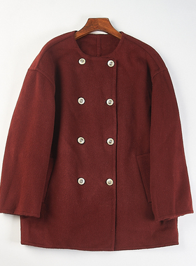 轻奢高支羊毛大衣女H85502秋冬季圆领双排扣宽松中长款双面呢外套