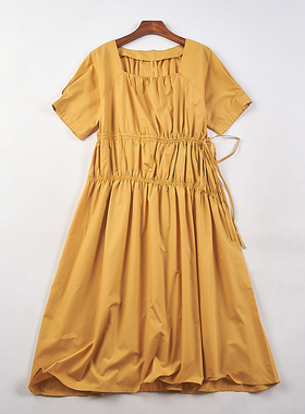 223韩版时装纯色短袖连衣裙女74841夏宽松不对称设计抽绳收腰长裙