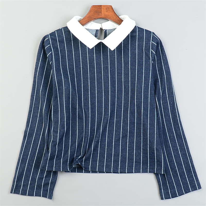 日单娃娃领条纹短T恤女11.25L84655舒适直筒型春夏秋百搭休闲上衣