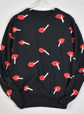 出口意大利圆领长袖羊毛衫L83243秋冬黑色香烟唇图案套头针织毛衣