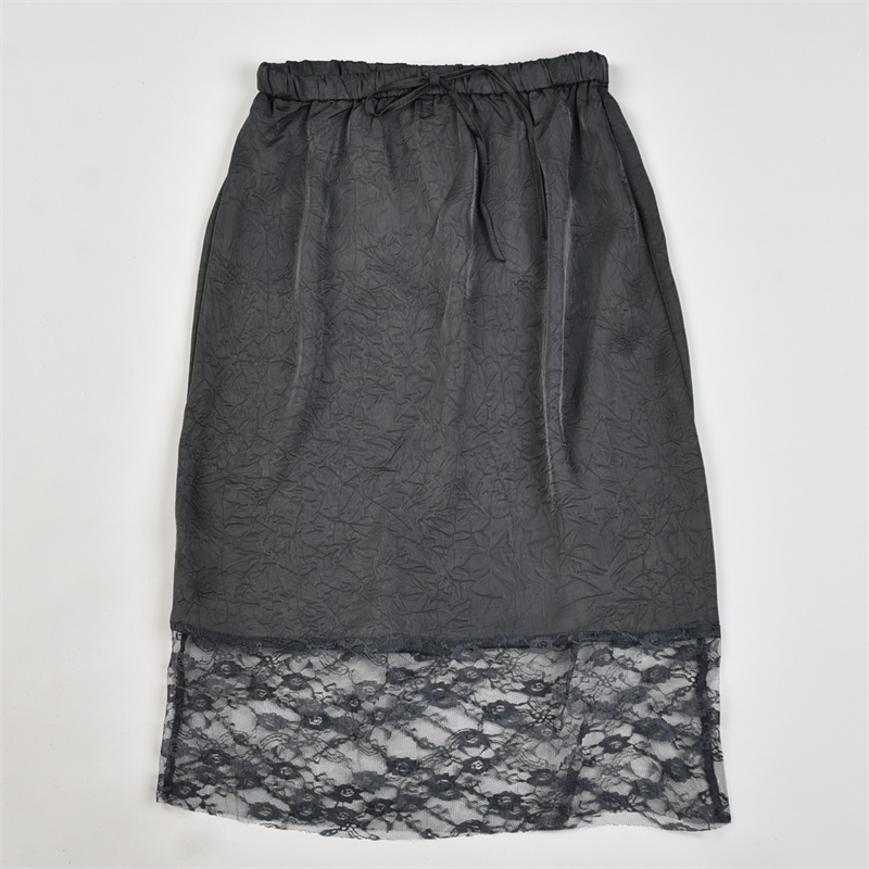 法式黑色蕾丝拼接半身裙女L83486夏秋高腰显瘦小众设计感中长裙子