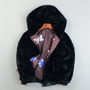 精品日单仿貂绒两面穿连帽短外套女L85408宽松舒适休闲风秋冬上装