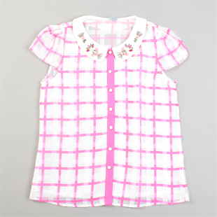 新款 女L84997夏季 少女娃娃领欧根纱上衣 衬衫 清新甜美钉珠格纹短袖