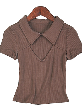 韩版纯色翻领短袖T恤女83054领口镂空设计夏季新款修身显瘦短上衣