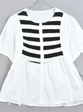 619韩版拼接条纹纯棉短袖衬衫82708夏新款减龄少女感宽松显瘦上衣