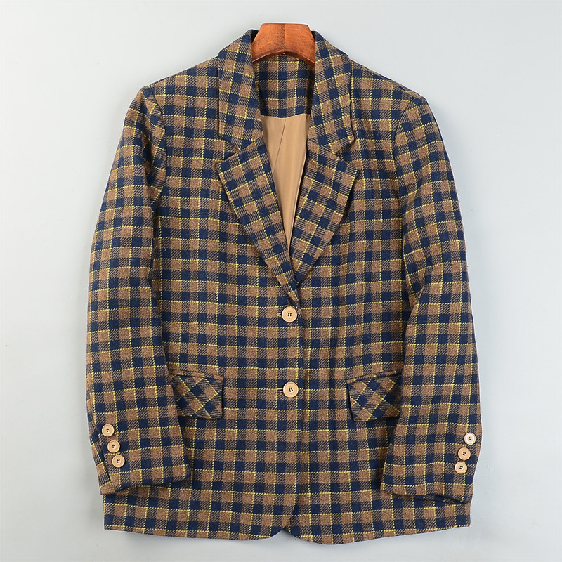 高级感英伦呢子格纹西装女L85494气质复古秋冬季宽松西服羊毛外套