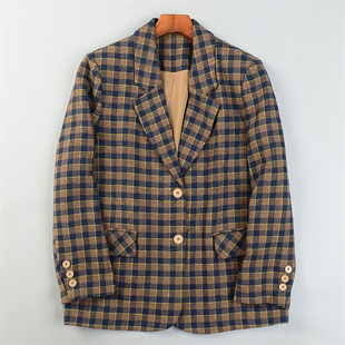 精品羊毛呢格纹西装 宽松西服大衣 女12.30L85494小众复古风秋冬季