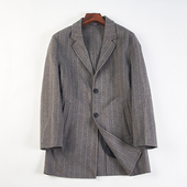 羊毛大衣H85518春秋冬西装 高端男士 中长款 领单排扣条纹双面呢外套