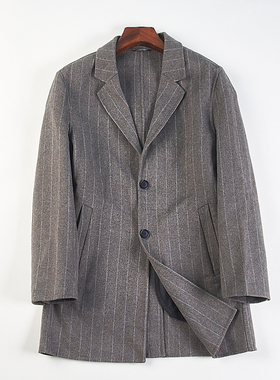 高端男士中长款羊毛大衣H85518春秋冬西装领单排扣条纹双面呢外套