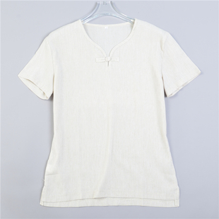 1114复古国潮纯色棉麻衬衫 上衣 男女L79222夏套头盘扣直筒文艺短袖