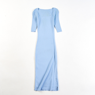 欧美辣妹纯欲风性感大U领紧身中袖连衣裙83542夏秋针织包臀中长裙