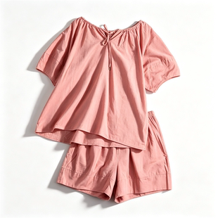 纯棉一字领家居服套装女L87144宽松短袖短裤可外穿粉色睡衣两件套