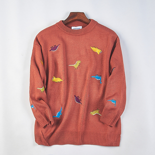 12.2H76978秋冬宽松休闲卡通恐龙刺绣毛衣 针织衫 韩版 女生圆领长袖