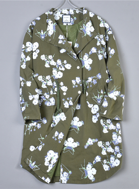 616森女日系印花风衣78171翻立领宽松抽绳收腰显瘦春秋中长款外套