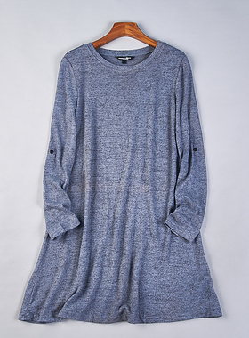 外贸原单针织长袖连衣裙116H77535春秋圆领纯色宽松中长款T恤裙子