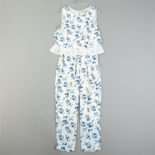 子 叠层高腰型直筒连身长裤 日单雪纺印花连体衣裤 女L84610夏秋无袖