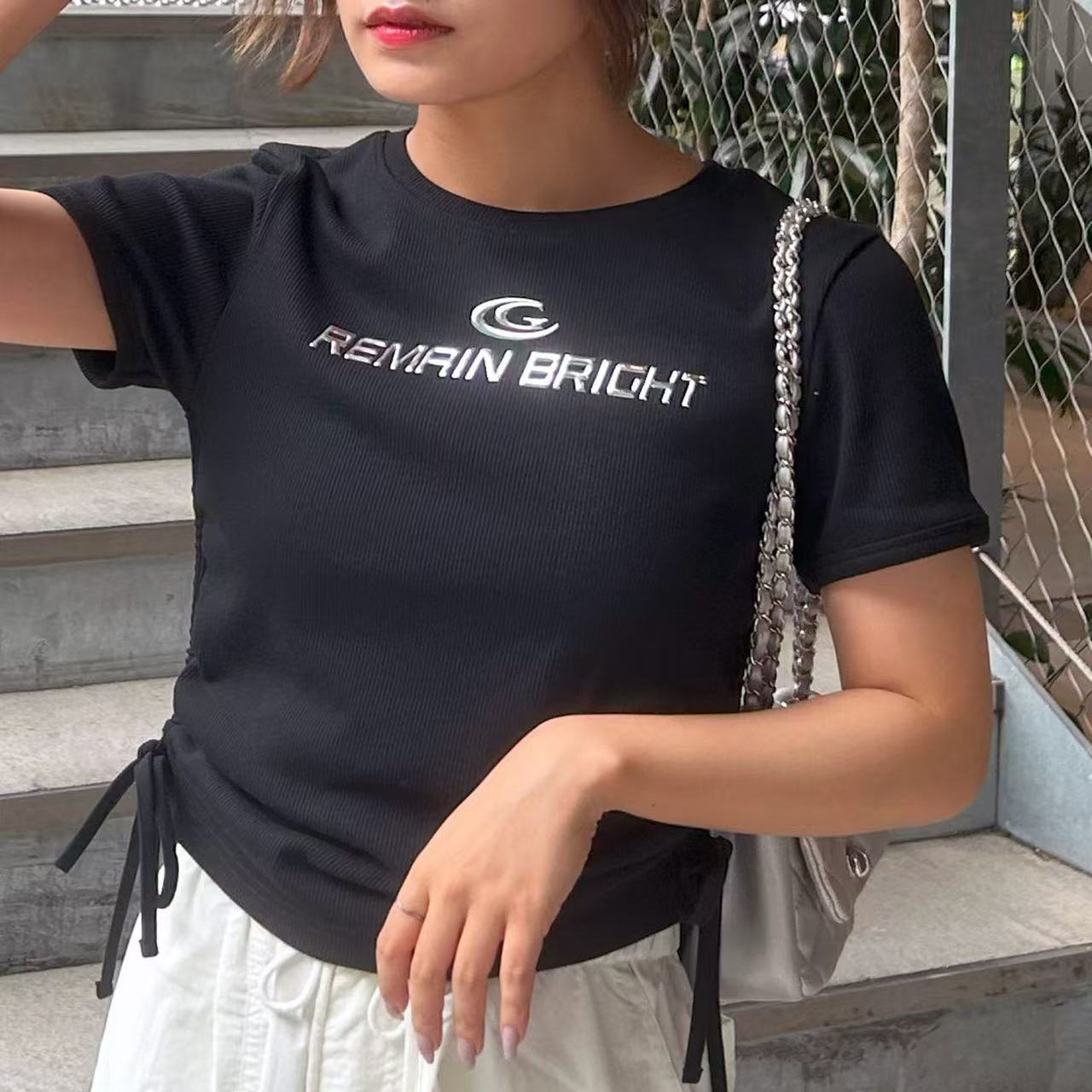 品质日单新款抽褶修身短袖T恤女84344夏秋减龄甜辣短款上衣打底衫