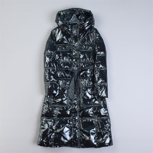 1213韩版长款连帽羽绒服女L79341亮面收腰修身防风保暖白鸭绒外套