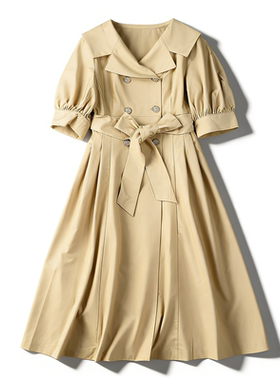 日单双排扣大翻领连衣裙女86102春夏泡泡袖收腰显瘦长款A字风衣裙
