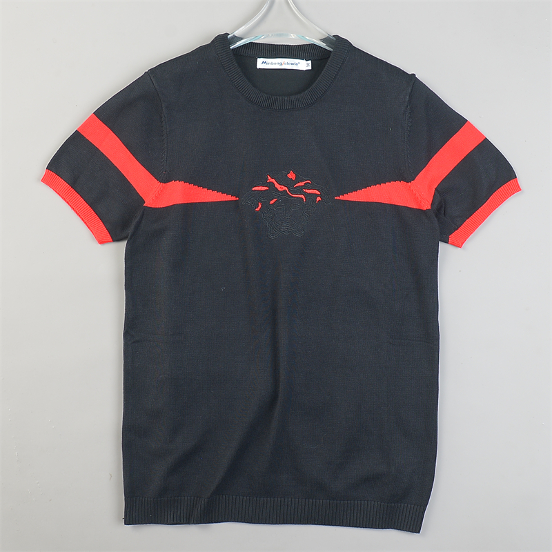 潮牌拼色刺绣短袖针织衫10.21L85094修身套头款早秋百搭休闲上衣