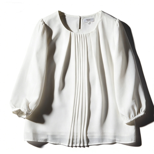 日系柔美风白色塔克褶七分袖 女L85923夏宽松百搭轻奢雪纺上衣 衬衫