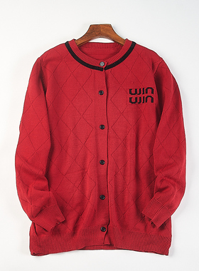 精品大码女装复古菱形格子圆领针织开衫H85427春秋冬红色毛衣外套