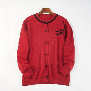 H85427春秋冬红色毛衣外套 复古菱形格子圆领针织开衫 精品大码 女装