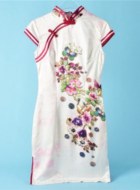 77夏季复古国风旗袍女70480修身改良中式显高丝绸印花短袖连衣裙