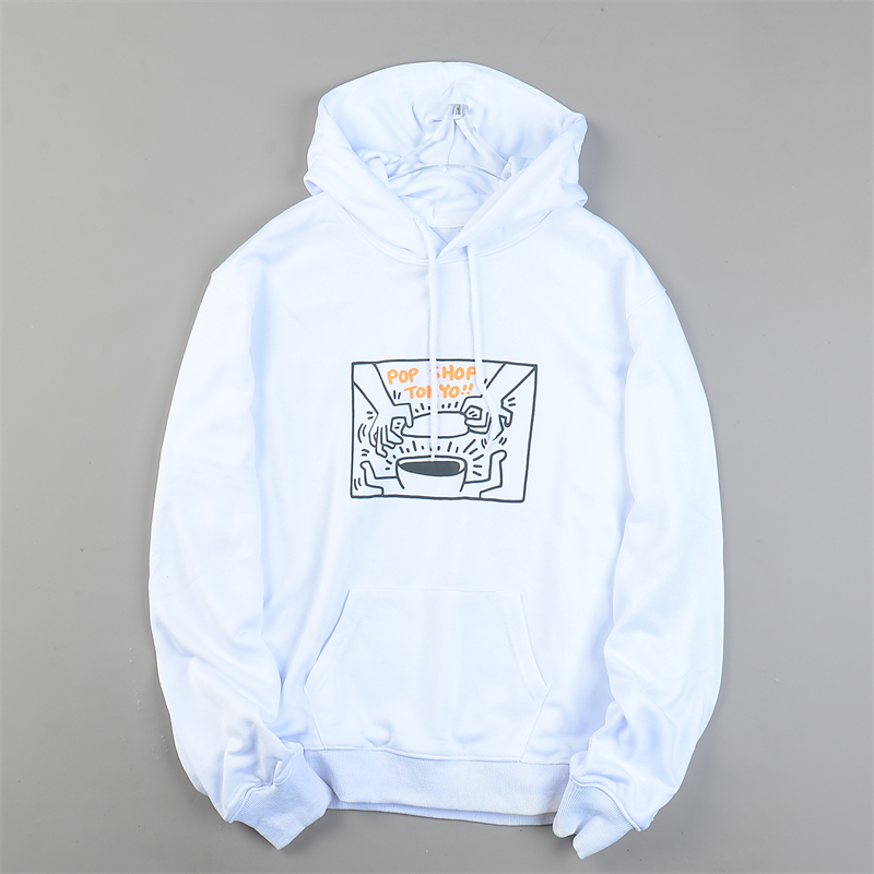 精品韩版纯棉印花白色连帽卫衣男女L85288宽松大码袋鼠兜帽衫外套