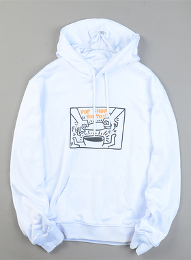 精品韩版纯棉印花白色连帽卫衣男女L85288宽松大码袋鼠兜帽衫外套