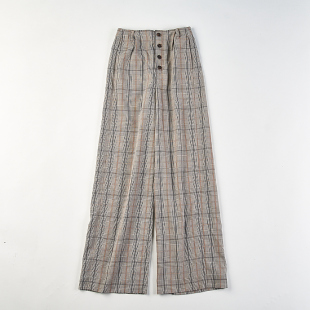 日单复古格纹单排扣阔腿裤 女H85953春夏高腰宽松显瘦百搭休闲长裤