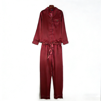 外贸纯色仿丝衬衫领睡衣套装女