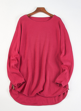 韩版宽松大码圆领长袖毛衣女H85134春秋新款不对称开叉设计针织衫