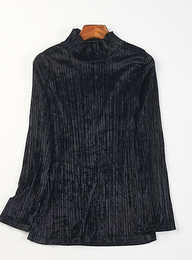 精品日单设计感高领百褶长袖T恤女84259秋冬修身显瘦天鹅绒打底衫