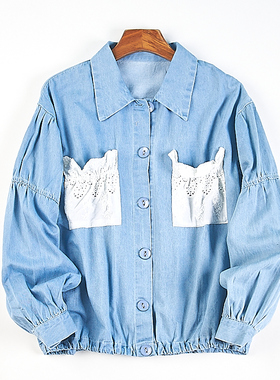 日系复古撞色口袋牛仔短外套女生5.13H82459春秋宽松显瘦长袖上衣