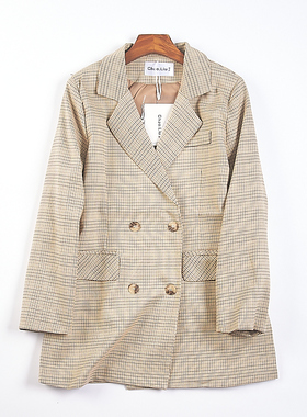 76韩版复古格子纹宽松休闲西装外套女H76109春秋双排扣中长款西服